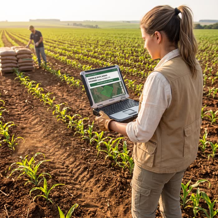 Técnica agrícola em lavoura de milho recém-emergida consultando o mapa da área em um notebook